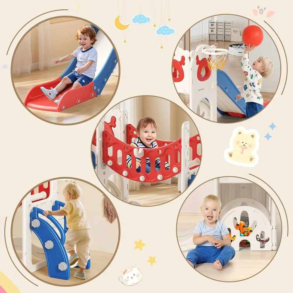 10 in 1 유아 놀이 세트: 미끄럼틀, 미술판, 골프, 농구, 수납함, 1-3세용, 실내 및 실외 사용 가능 (블루/레드)