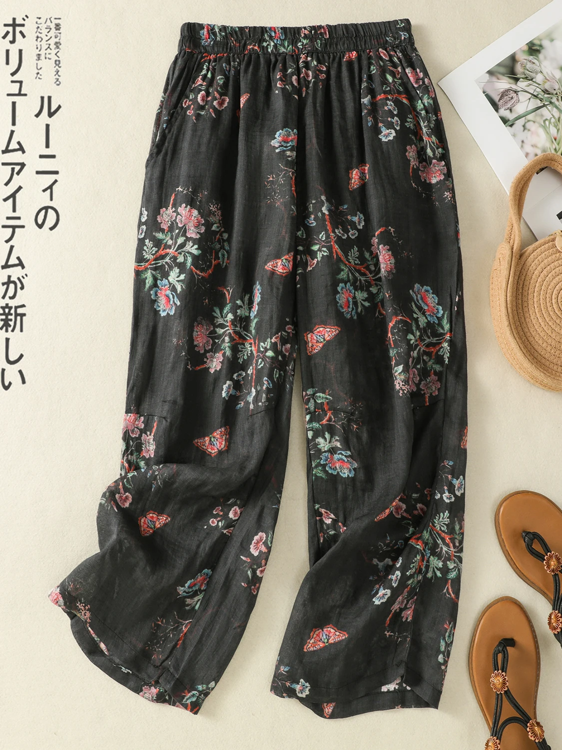 

Широкие повседневные брюки с принтом в стиле ретро, свободный крой с высокой талией, летняя новая женская одежда больших размеров, брюки с цветочным узором