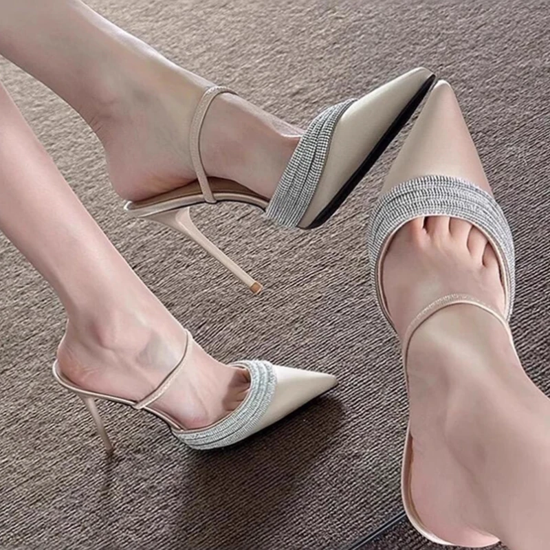 

Nude Satin Silver Glittering Embellished High Heel Shoes Pointed Toe Slip On Single Strap Cover Heels Women Dress Shoes 10cm