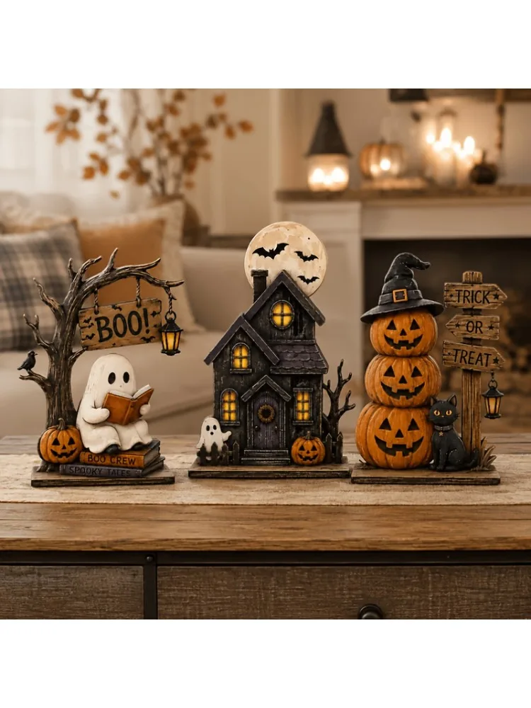 3-teiliges Retro-Halloween-Holzdekor-Set – Vintage-Holzfiguren mit Geist, Schwarzer Katze & Kürbis – Herbstliche Dekoration für Innenregale