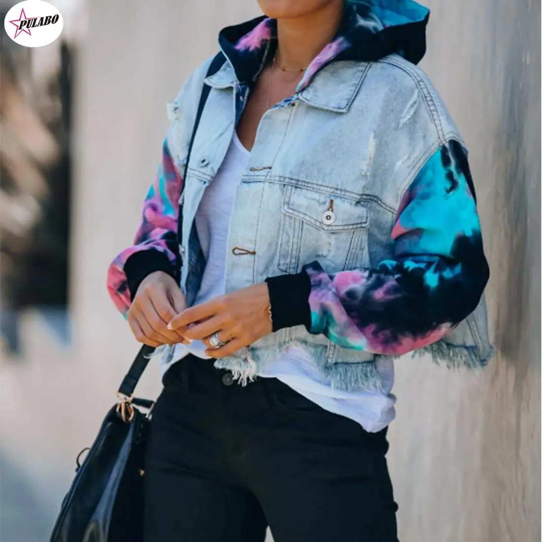 Jean Jacket for Women Loose Casual Blue Women Hoodies Coats Tie Dye Sleeve Patchwork Hoodied Denim Coats Female Outwear