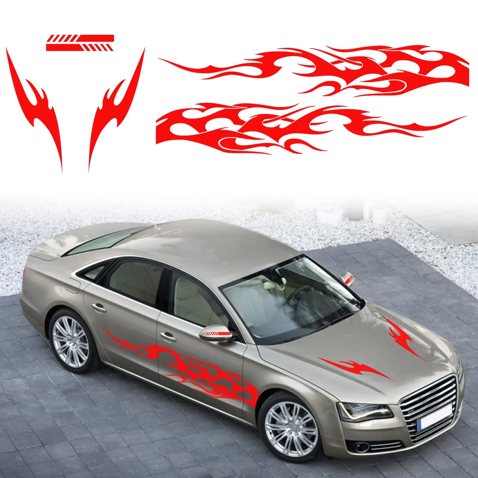 

6pcs Red Flame Vinyl Decals For Car Doors Hood Side Panels Racing Style Universal Auto Sticker Set