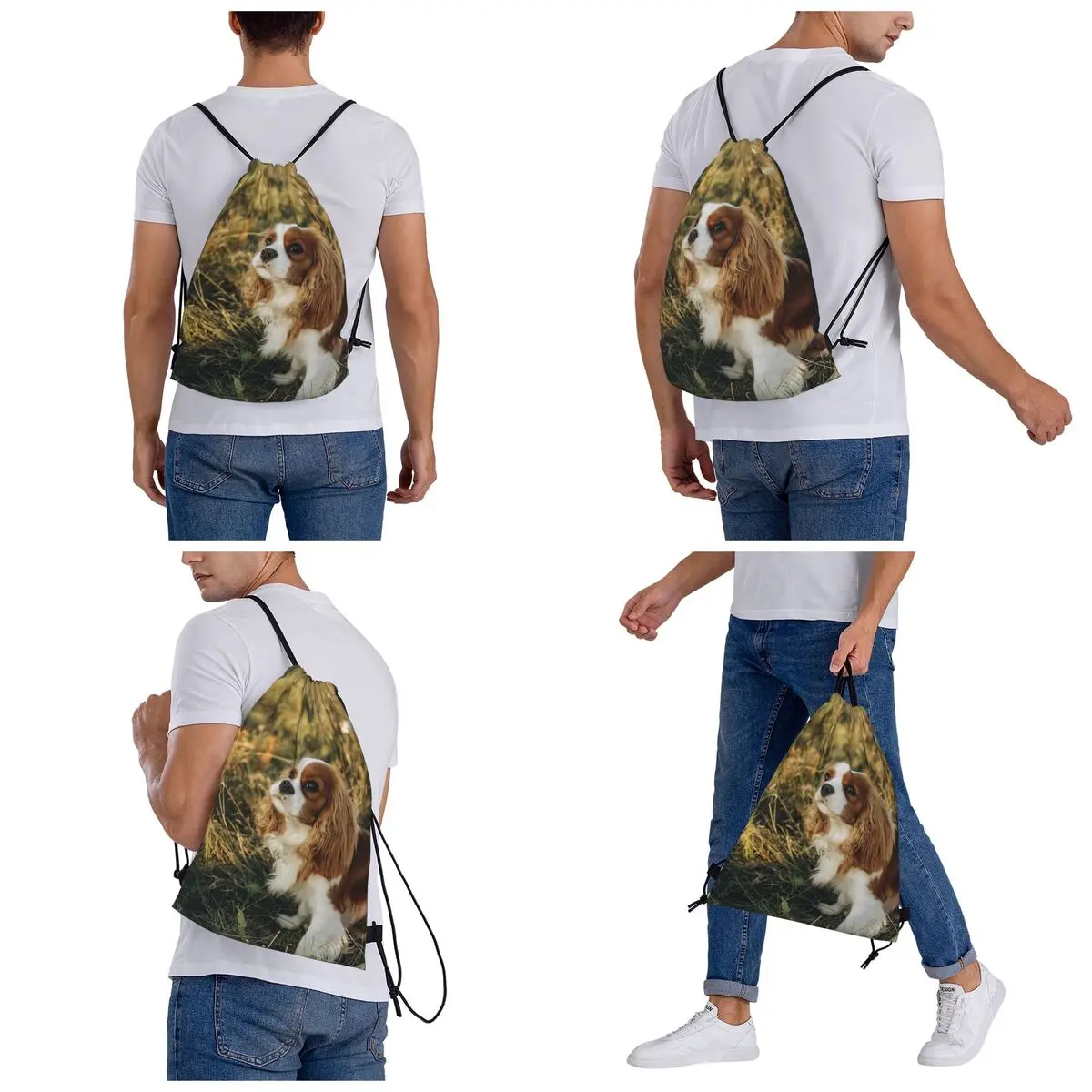 Custom Cavalier King Charles Spaniel Square Backpacks Casual Drawstring Bags Sports Bag Book Bags for Travel School
