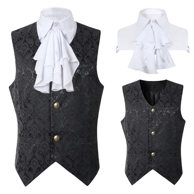 S-2XL Medieval Renaissance Vintage Prince Waistcoat Cosplay Costumes Men Gothic Victorian Vest Jabot Tie Suit