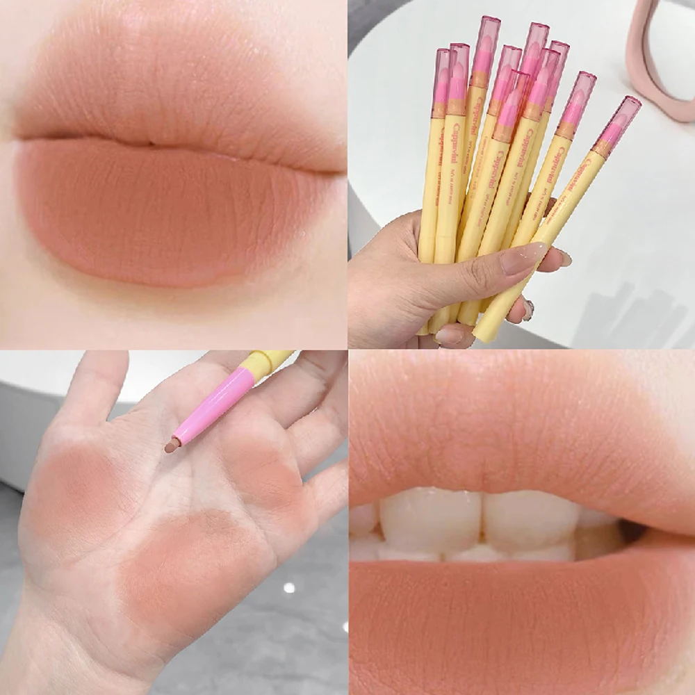 Soft Lip Liner Pen Dual-head Sexy Red Nude Purple Matte Tint Lipstick with Brush Silky Waterproof Contouring  3DLip Shape Makeup