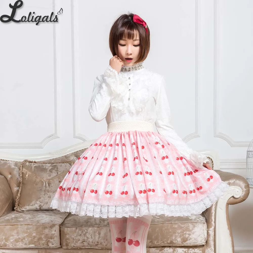 Sweet Pink Cherry Printed Mori Girl Short Skirt A-line Pleated Skirt for Summer