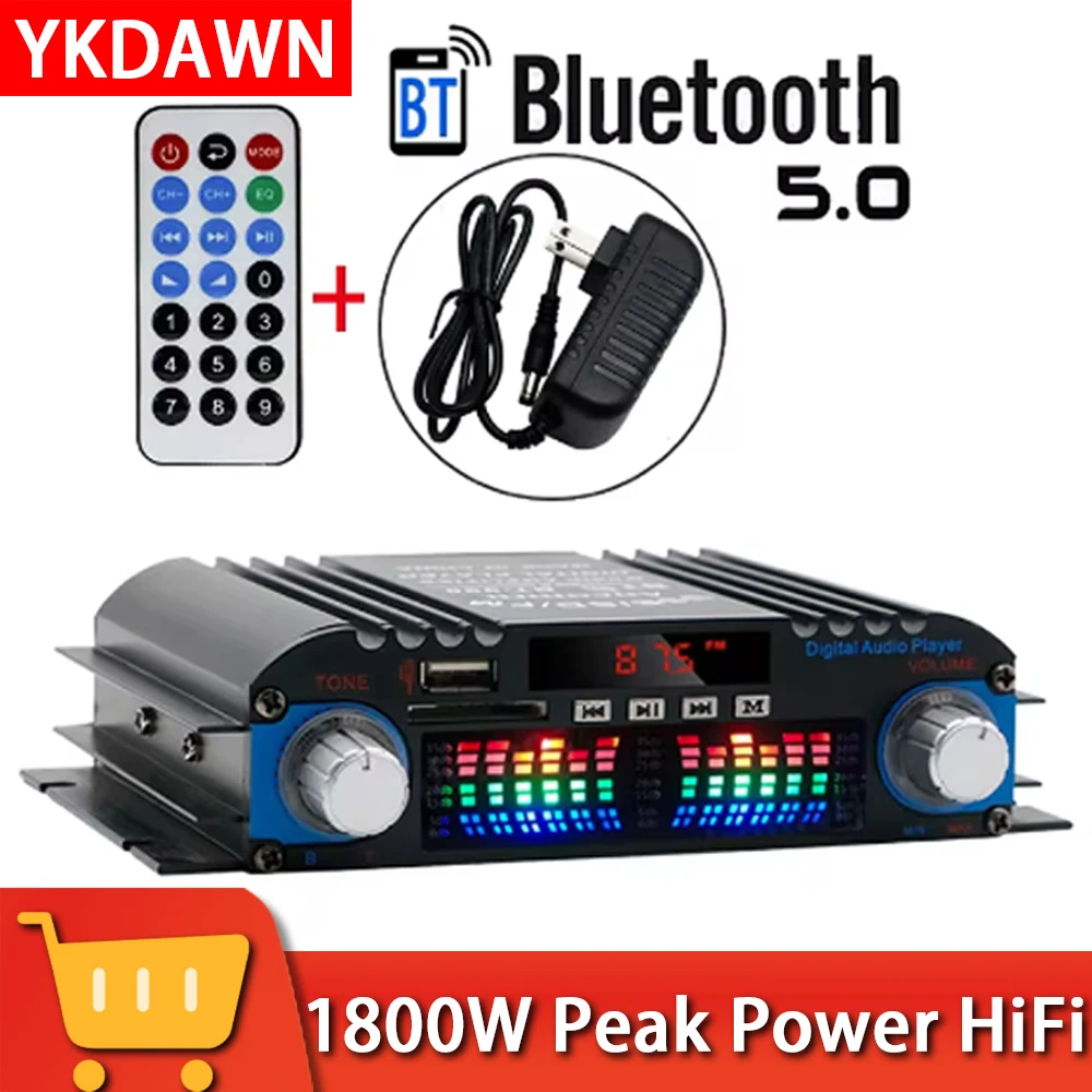 

1800W Peak Power HiFi Sound Amplifier Digital 4 Channel Audio Amplifier Bluetooth Karaoke Player FM Radio Support Remote Control