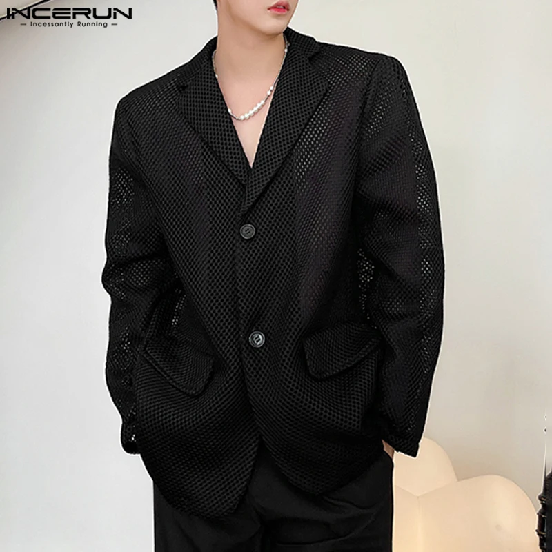 2024 Men Well Fitting Tops INCERUN Casaul Long Sleeve Coats Solid Hollow Out Blazer Sexy Elegant Shoulder Pads Suits Vintage Top