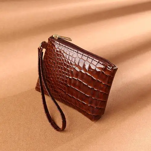 Women Mini Crocodile Pattern Zipper Wallet Bag PU Leather Solid Color Handbag Card Coin Change Clutch Bag Storage Organizer