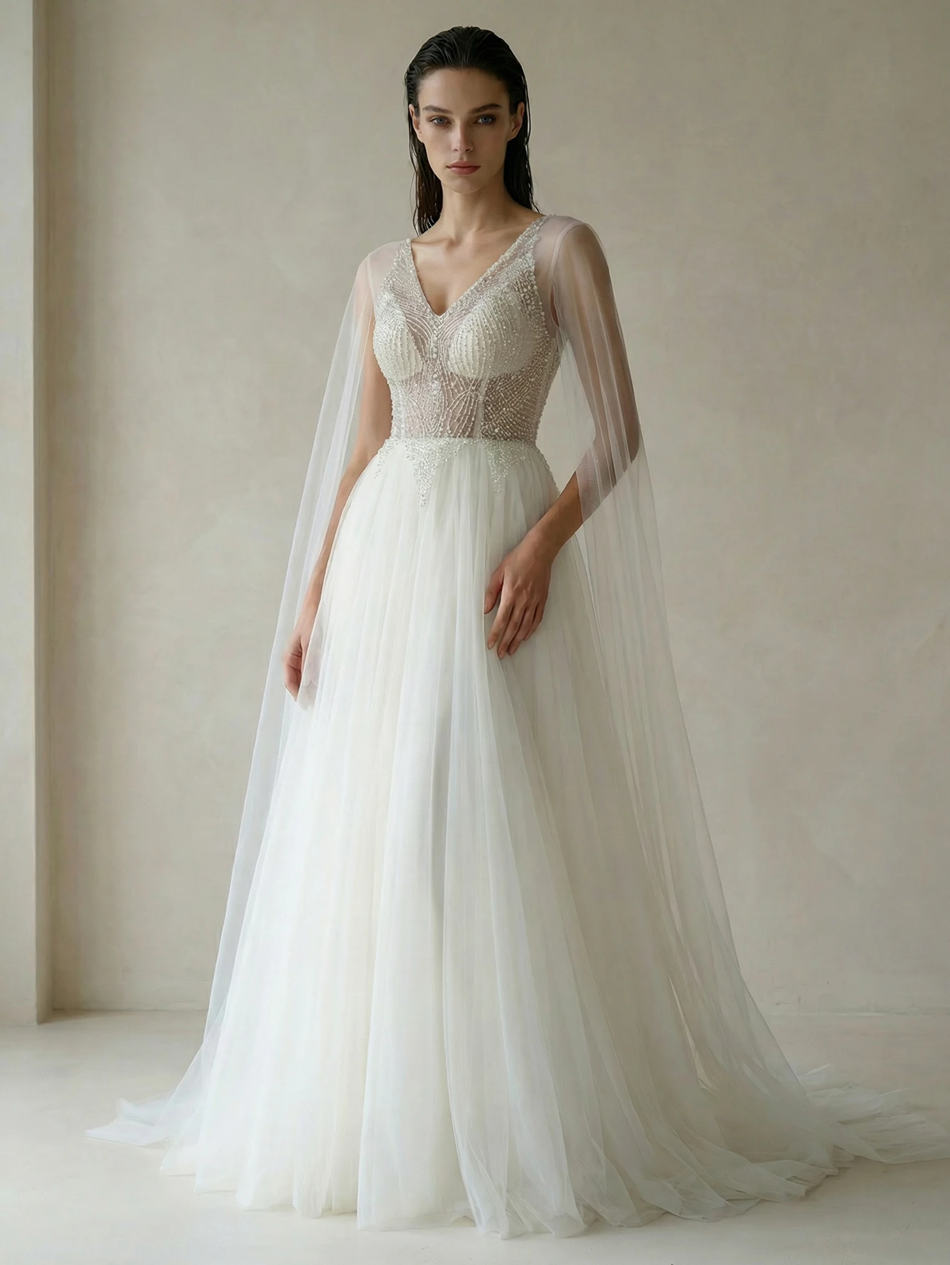 

Gardenwed Tulle Cape Wedding Dress Sequin Beaded Bodice V Neck Sparkly A Line Bridal Gown