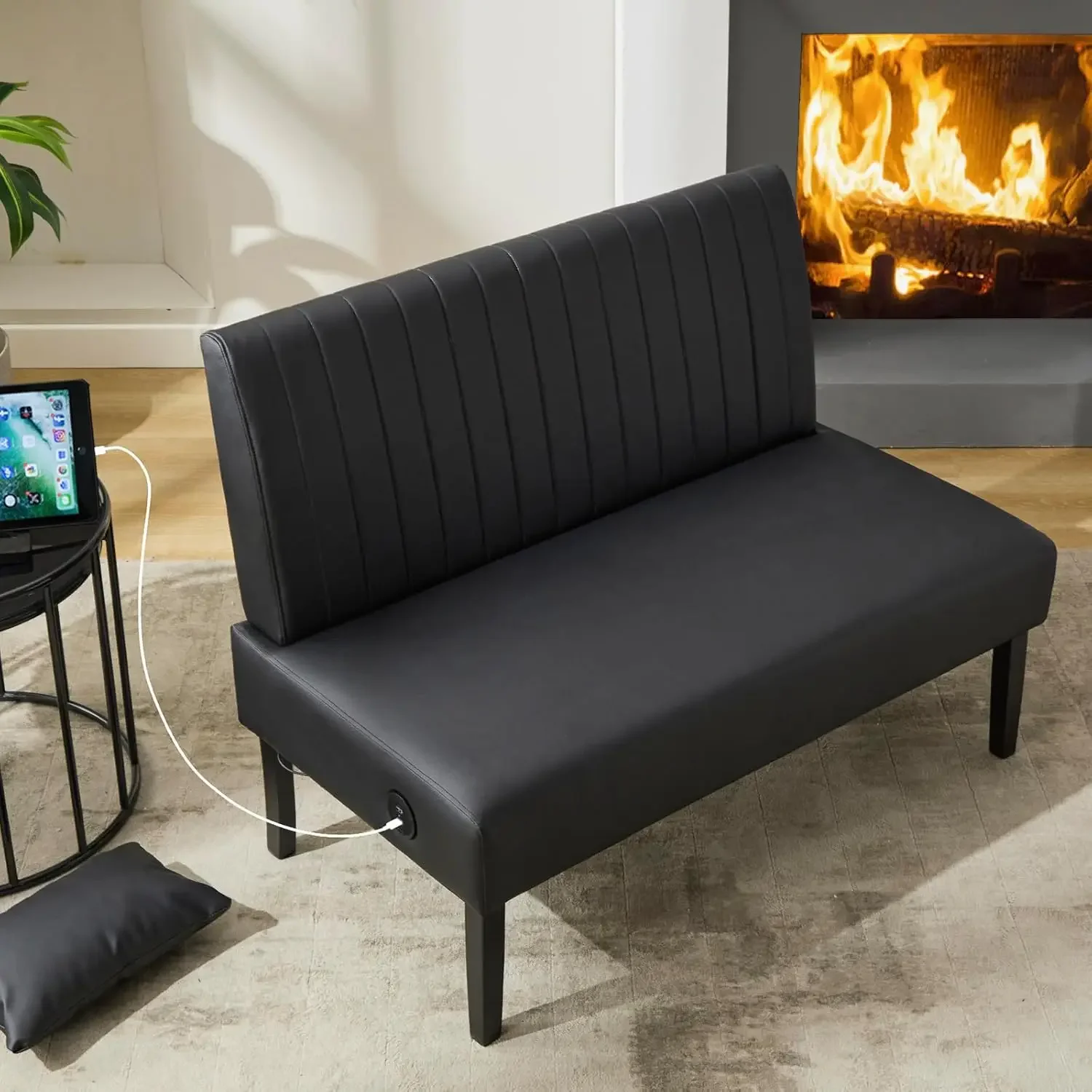 

43" W Mini Small Black Leather Couch Armless Loveseat Sofa for Bedroom with USB Port, Small Couches for SmallSpaces Living Room,