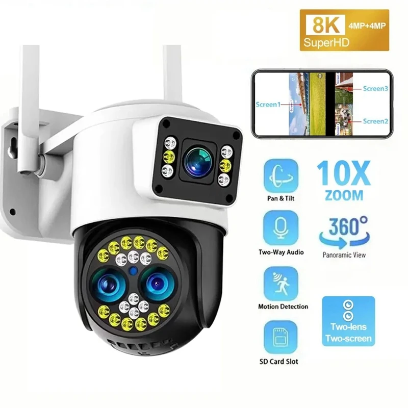 Security Camera Outdoor,Wifi 4K 8MP Two Lens Two Screen Outdoor Wireless Camera 10X Zoom Two Way Audio Detection EU Plug Durable