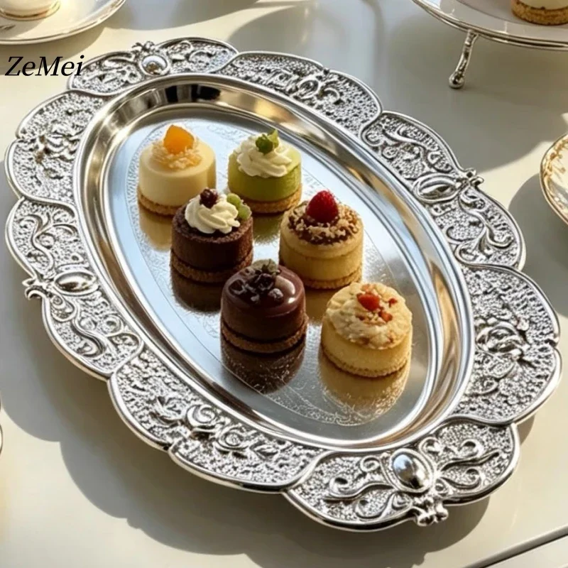 European-Style Elliptical Fruit Plate, Exquisitely Carved Creative Display Metal Cake Tray, Home Dessert Snack Plate Decoration