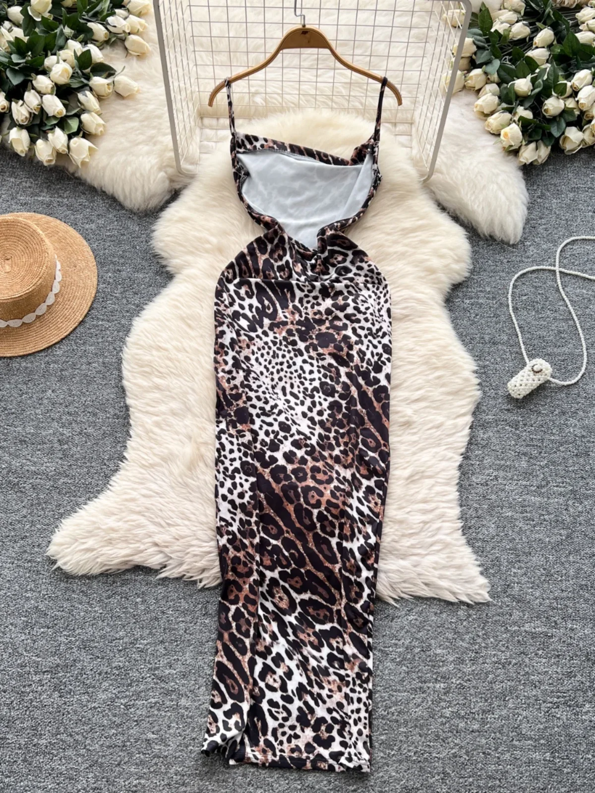 2025 New Leopard Print Cut Out Dress Women Side Slit Slim Bodycon Maxi Dress Sexy Party Club Gown with Spaghetti Strap dress
