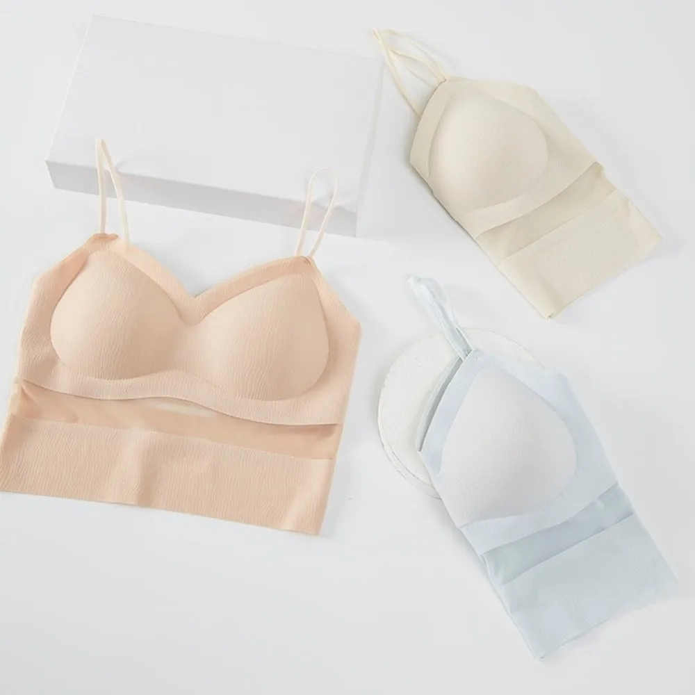 

Elegant with Chest Cushion Bra Ice Silk Camisole Solid Color Slim Fit Crop Tops Tanks Non Trace Suspender Vest Ladies