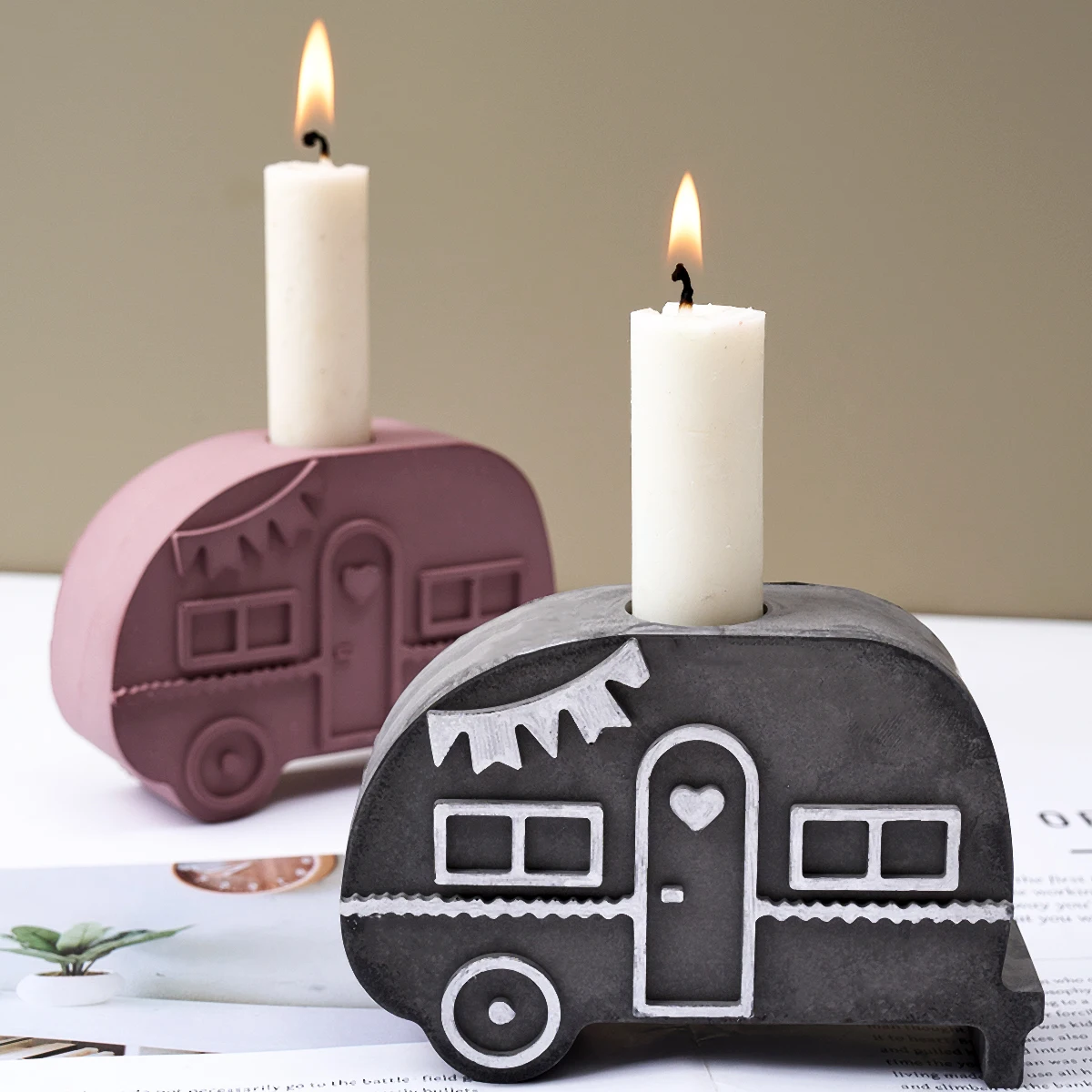 Bus Candle Holder Silicone Mold DIY Handmade Cute Car Shape Candlestick Gypsum Cement Casting Resin Mold 3D Craft Gift Home Deco