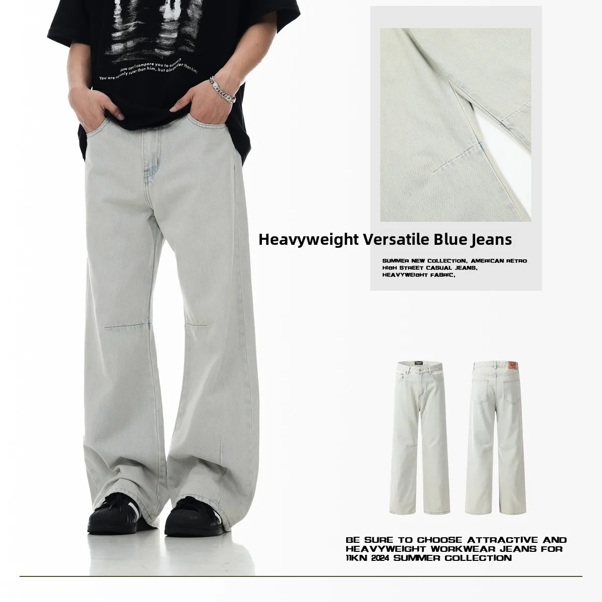 

Loose Straight Leg Jeans Light Blue Men Women Vintage Ripped Casual Cotton Denim Wide Leg Pants Slimming Effect Long Trousers