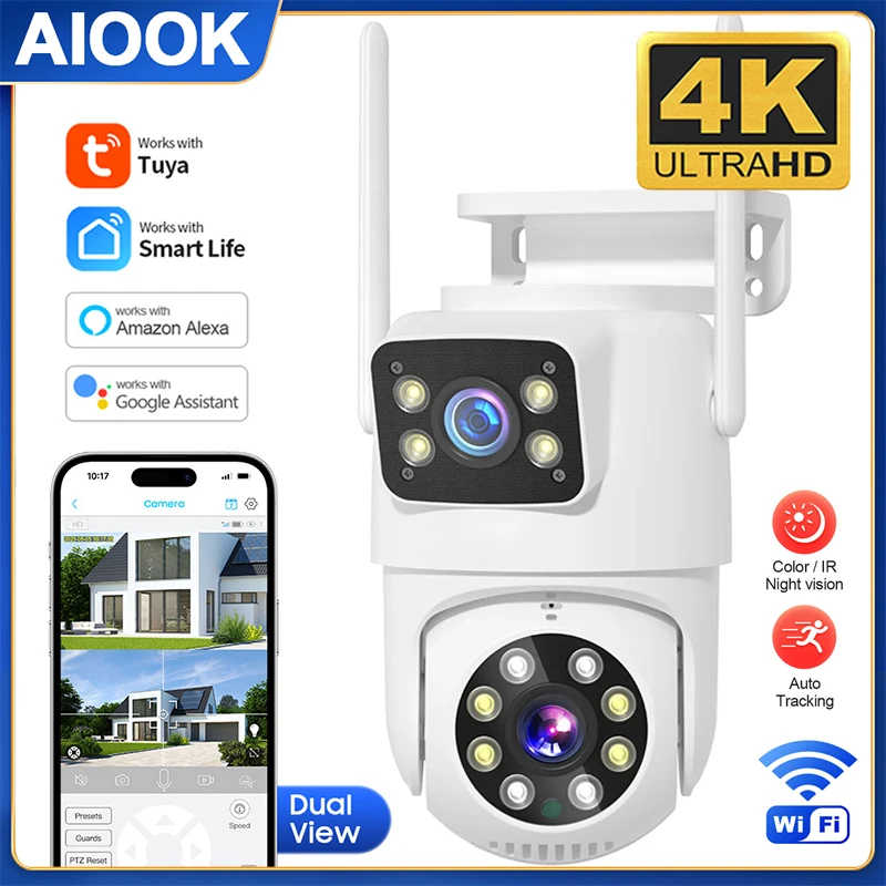 

AIOOK HD 8MP TUYA Wifi Outdoor Camera Dual Lens PTZ Night Vision Mobile Tracking IP CCTV Alexa Google Home video camera