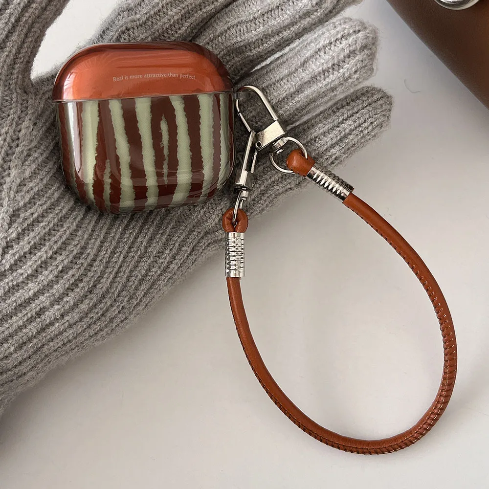 Retro Brown Green Irregular Stripe Earphone Protective Case for Apple AirPods 1 2 3 4 Pro 2 Cases Cover With Hand Strap Lanyard