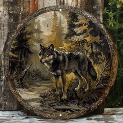 Wolf in Forest Aluminum Wall Decor, Round Metal Sign with HD Printing, Waterproof, Weather Resistant, Outdoor or Indoor Artwork