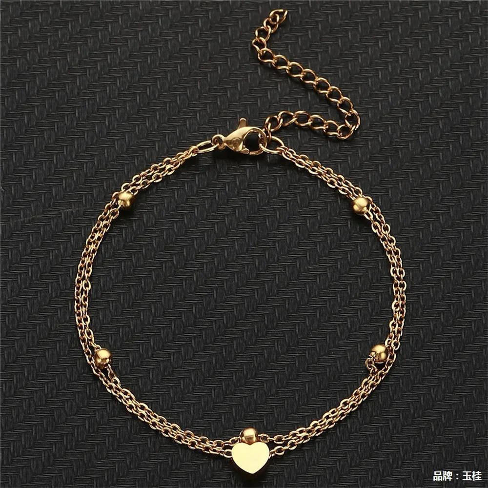 Double Layers Heart Charm Anklet For Women Gold Silver Color Stainless Steel Leg Foot Ankle Bracelet Summer Beach Jewelry