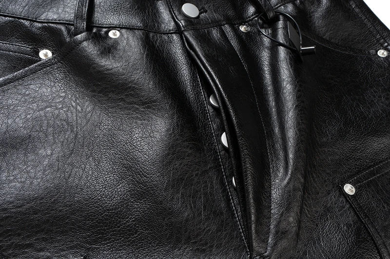 Schwarze PU-Leder Zimmermannshose mit Nieten, Doppelknie-Arbeitshose für Herren, Streetwear Hip-Hop Baggy Weite Cargo-Hose – Detail 6