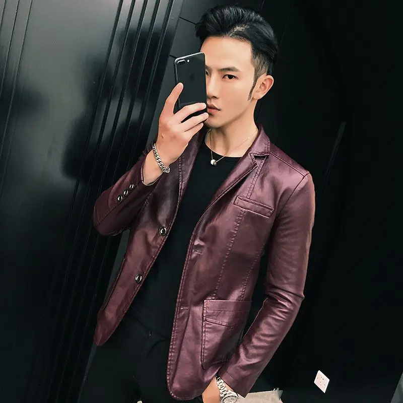 Thin Slim Fit Leather Jacket for Men Single Breasted New In Man Suits and Blazers Handsome Vintage Simple Casual Classic Coats