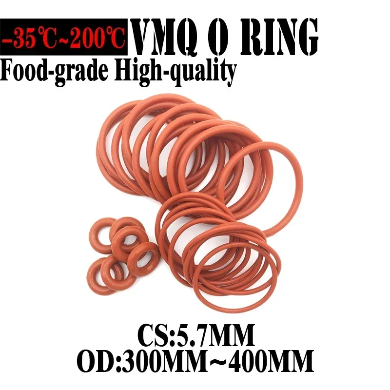 

5Pcs VMQ O Ring Red sealing gasket CS 5.7mm OD 300-400mm food grade circular waterproof washer O-type rubber silicone ring