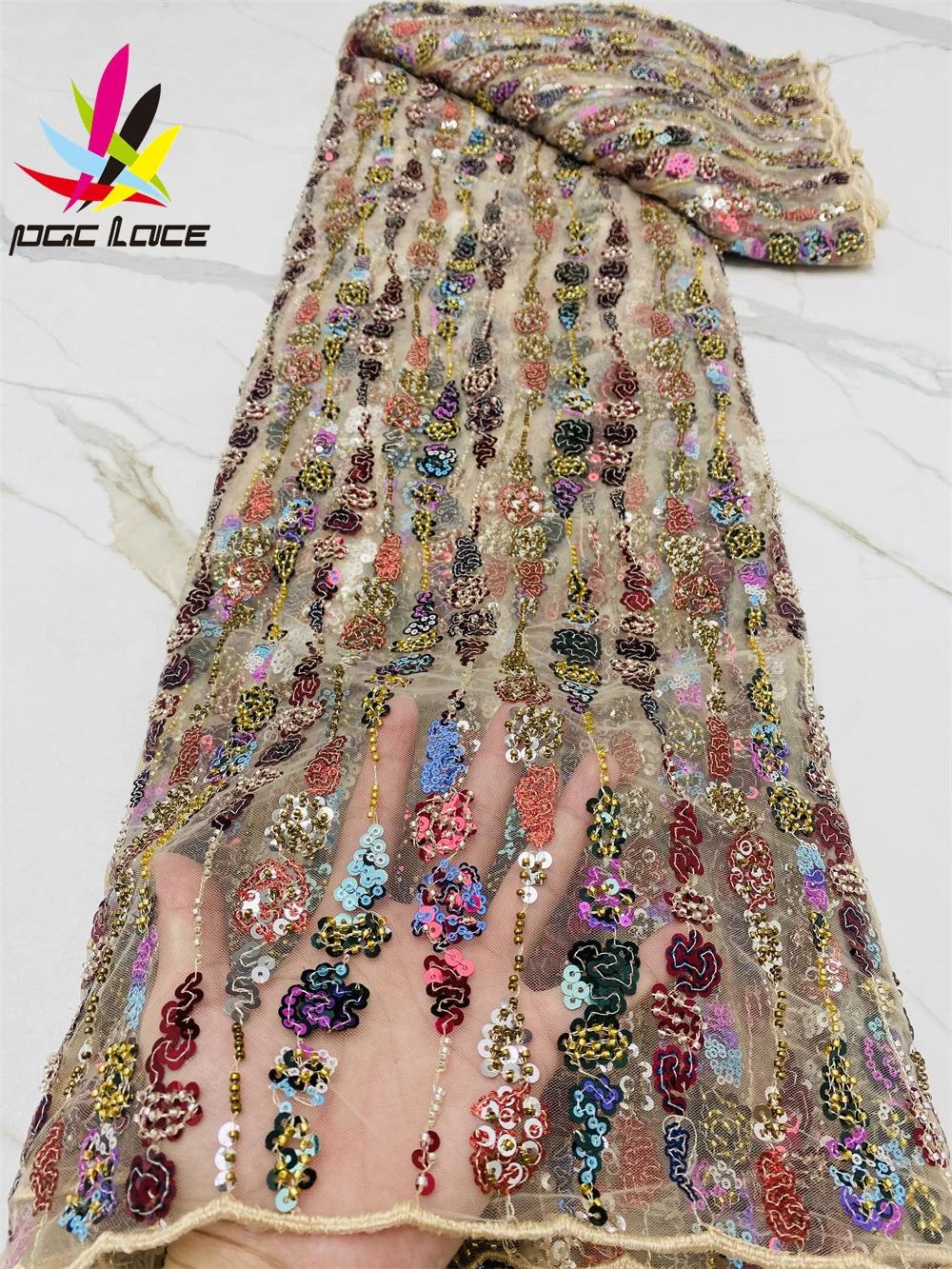 PGC African Lace French Sequin Fabric 2024 Embroidery Tulle Lace Fabrics With Sequins For Nigeria Wedding Dress Sewing LY2193