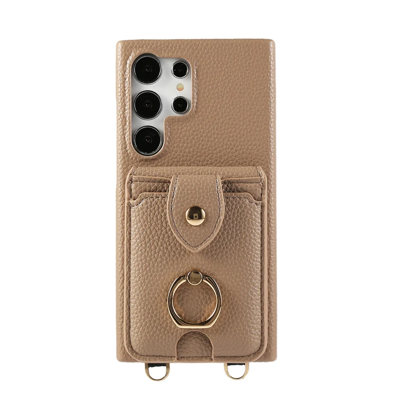 

Модный чехол-кошелек с карманом для карт и ремешком для Samsung Galaxy S24 Ultra S23 Plus, зеркало для макияжа, чехол с текстурой личи из искусственной кожи