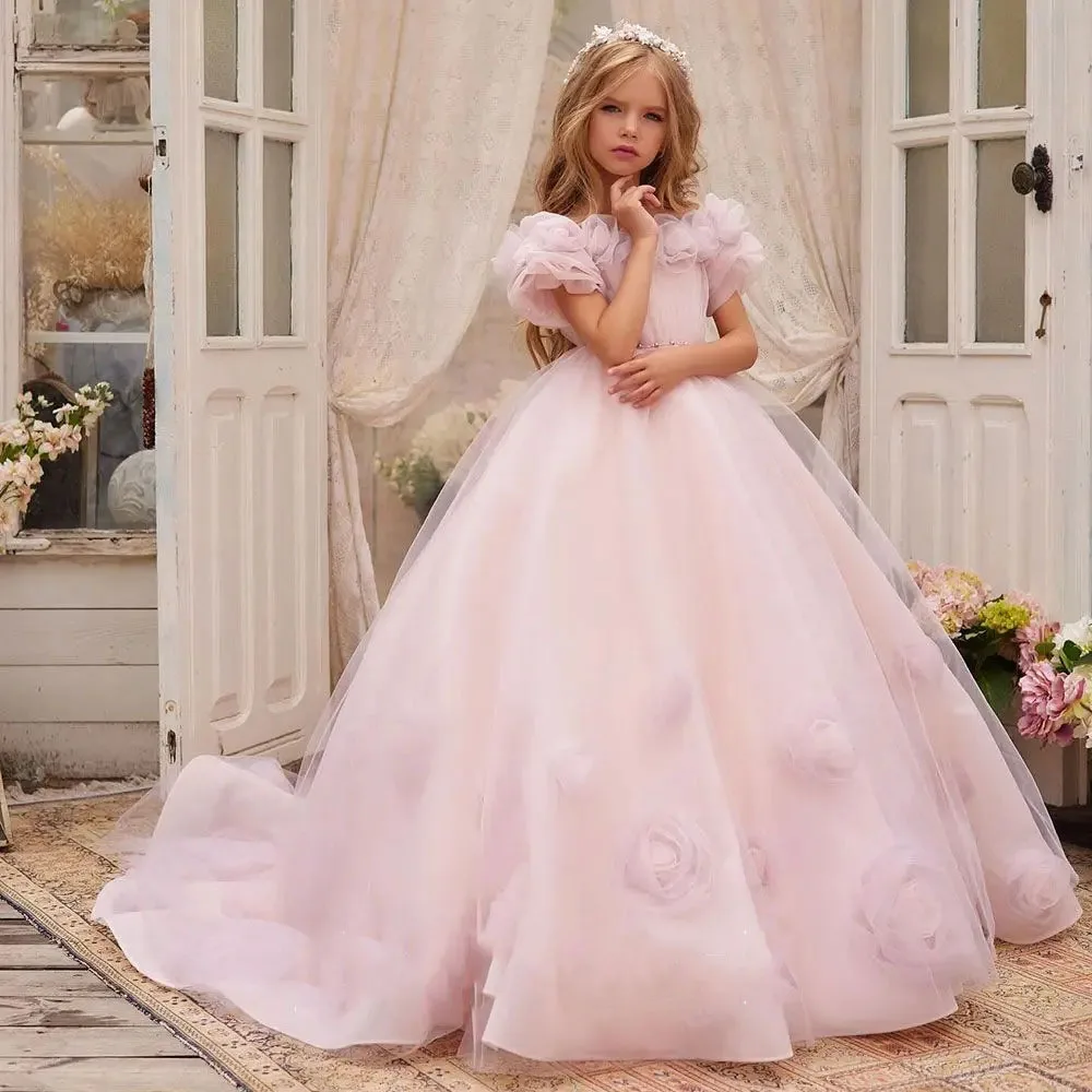 Robe de demoiselle d'honneur pour mariage, appliques en tulle, perles, moelleux, longueur au sol, robes de fête d'anniversaire chariste, robe élégante pour enfant, première année