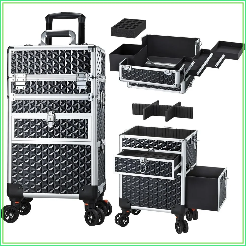 Rolling Makeup Case with Drawers - Portable Tattoo Storage Organizer Cart on Wheels for Cosmetology, Nail Tech, Barber Tools