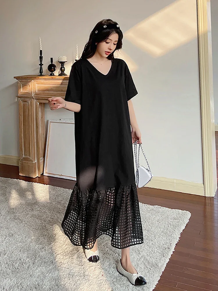 2024 Summer New Korea Woman Dresses Vestidos Robe Elbise Loose Plus Size Short Sleeve Patchwork Black Hem Mermaid Dress