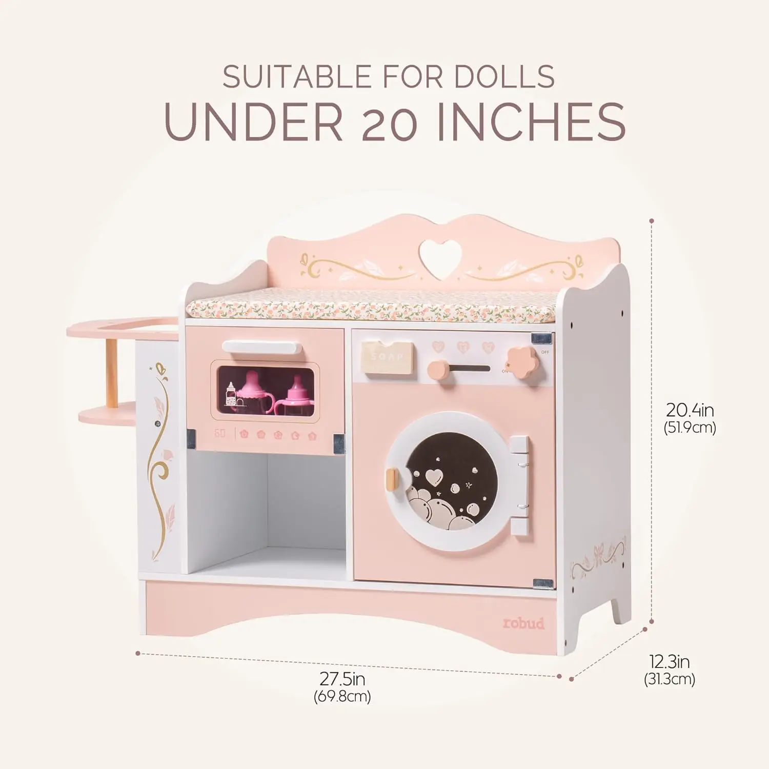 Robud Houten 6-in-1 Babypop Aankleedtafel met Babypop Wieg Wasmachine Fles Sterilisator Opslagruimte voor Kinderen in Roze