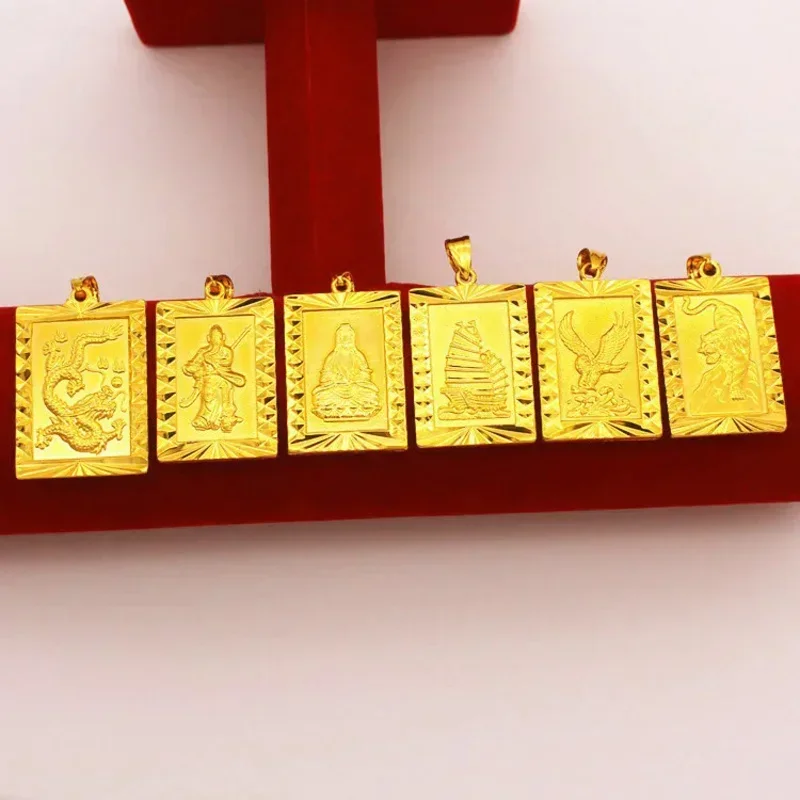 24K Pure Gold Eagle Tiger Relief Shape Square Pendant Men's Women's Vietnam Shajin Men's Domineering Pendant Brass Jewelry Gifts