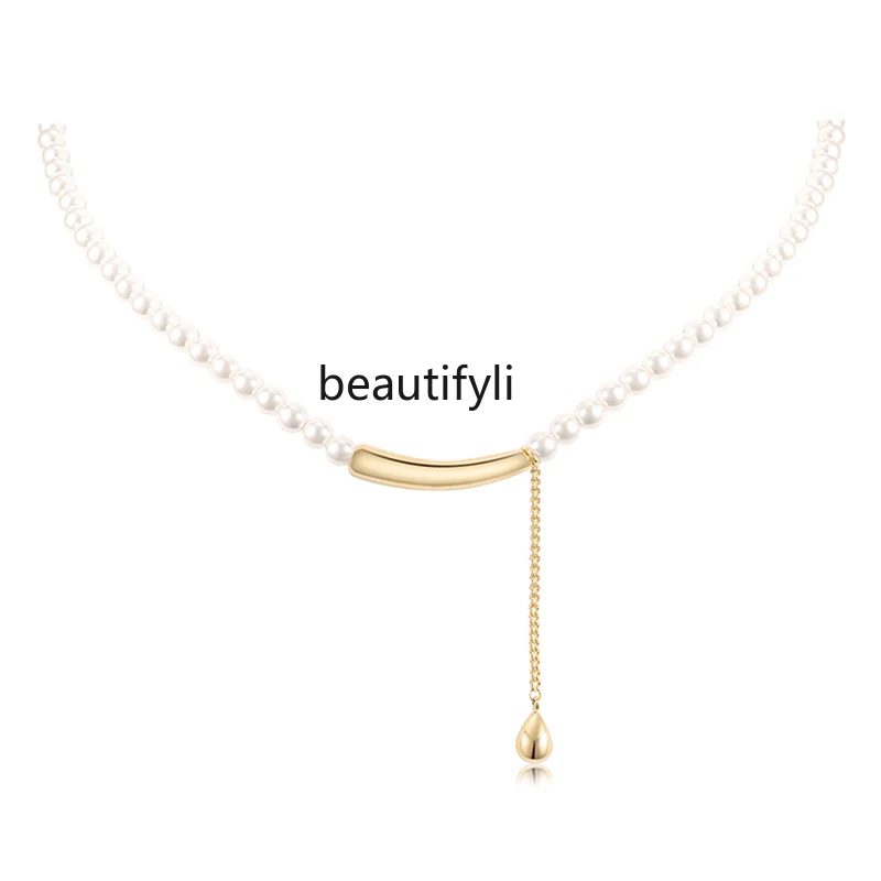 

Niche design sense metal pendant beads pearl necklace women's premium collarbone chain