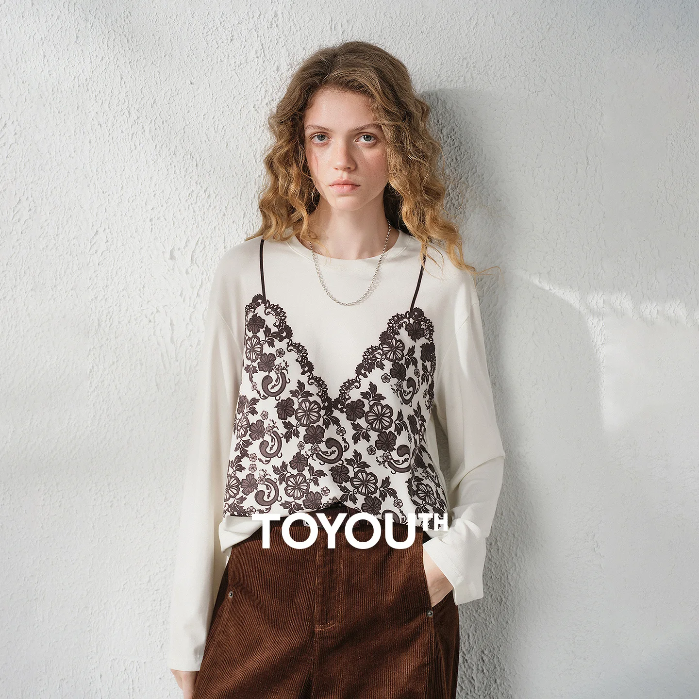 TOYOUTH Women's Base Layer Top 5A Antibacterial 2026 Autumn New Fake Two Piece Printed Slim Fit Long Sleeve