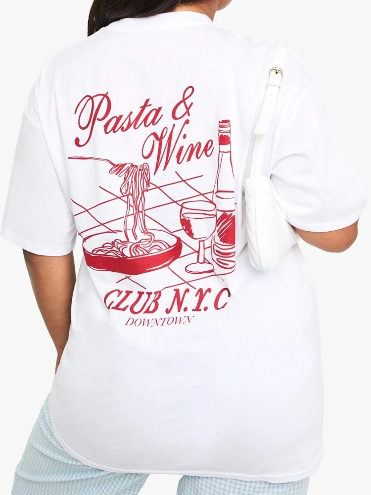 

Женская футболка больших размеров в стиле ретро, паста, винный клуб, футболка с рисунком, милая футболка La Dolce Vita, эстетичная футболка унисекс, свободный модный топ большого размера