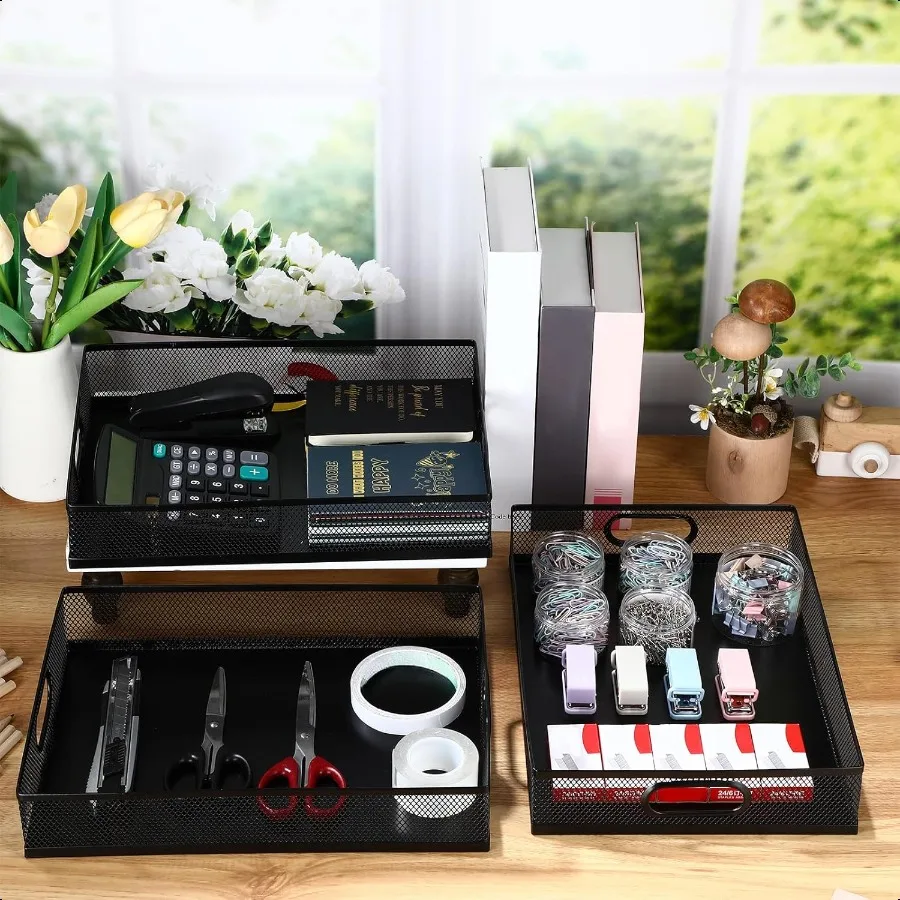 Tandefio 3 قطعة درج مكتب درج منظم شبكة معدنية صندوق تخزين مكتبي منظم الملفات مع مقبض المحمولة سلة تخزين كبيرة