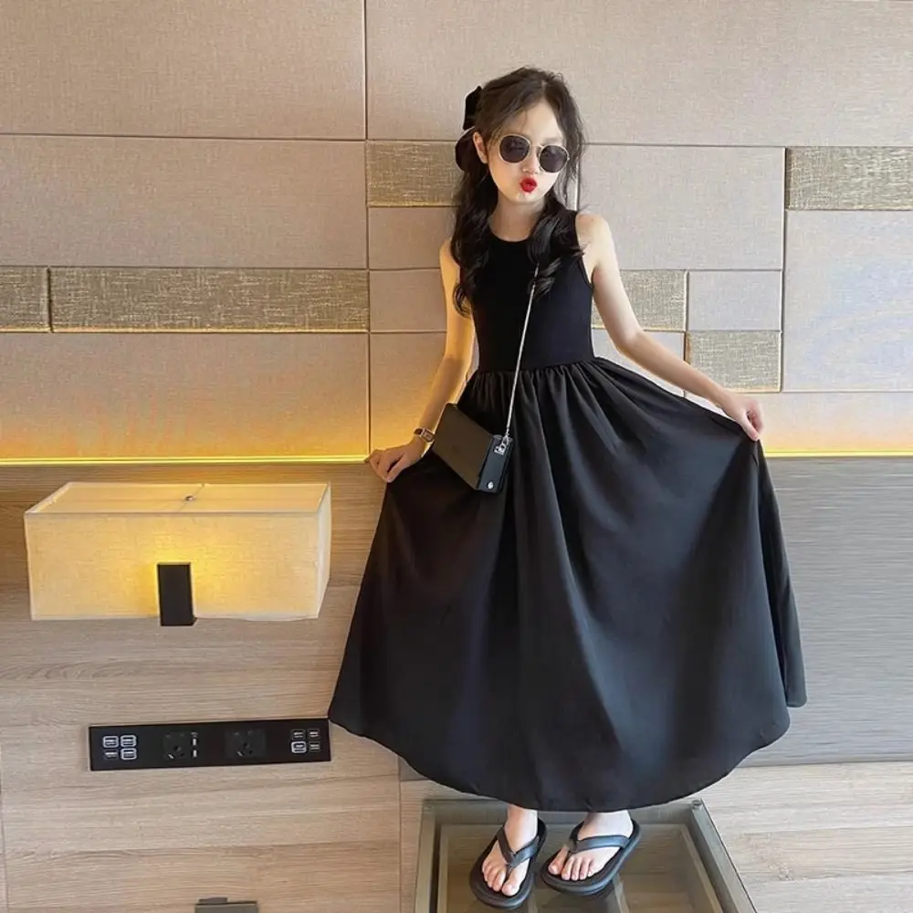 Casual Sleeveless Girl Princess Dress Loose Elegant Teens Party Dress Sweet Children Black Dress Kids