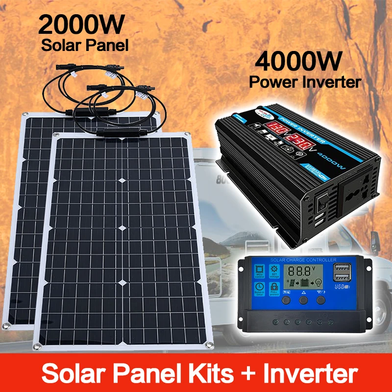 12V Battery Charging Controller 4000W Solar Inverter Kit 110V/220V 2000W Solar Panel System Complete For Home/Outdoor Use