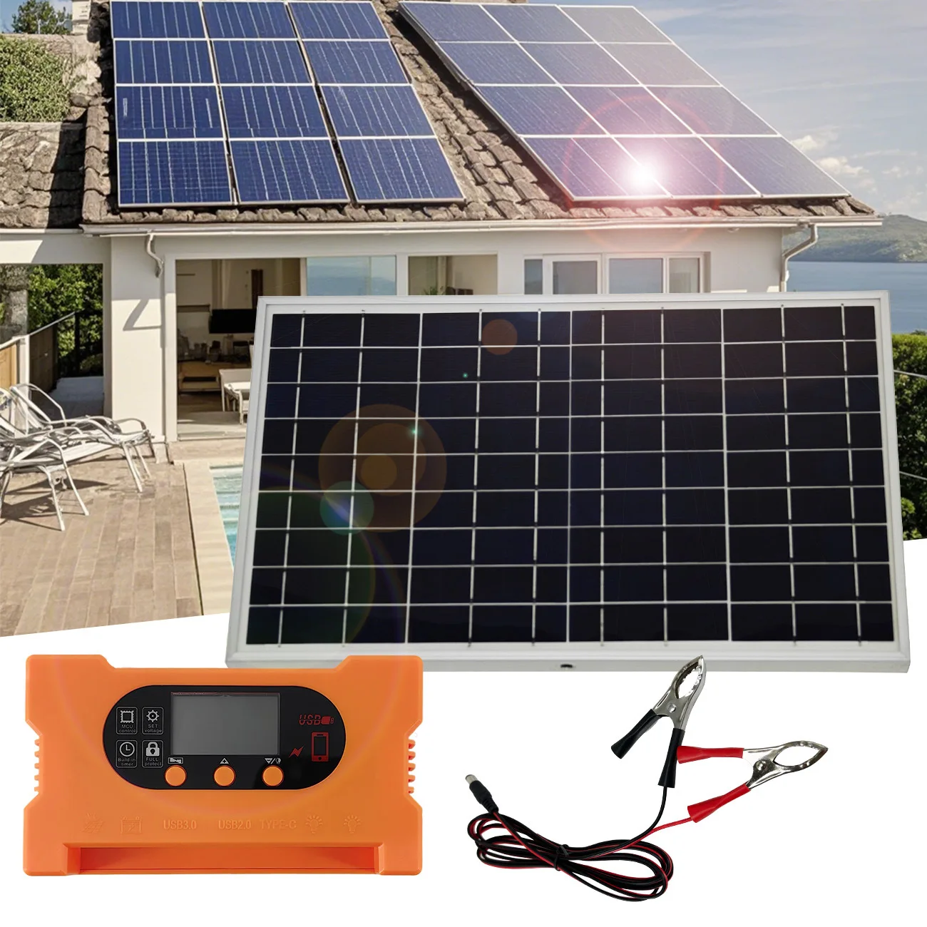 

10W Solar Panel Kit with QC3.0 Fast Charge & Controller 18V/12V/5V Multi-Output for Lithium Battery Power Bank Phone Charging