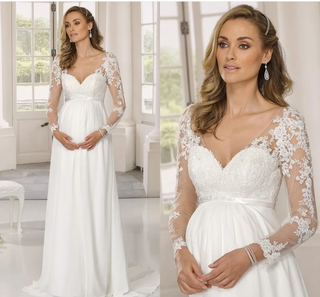 

Beach Pregnant Wedding Dress Chiffon V-Neck Bridal Gowns Empire Long Sleeve Floor Length Lace Appliques Vestidos Robe De Mairee