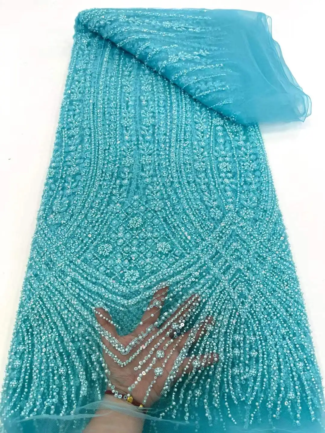 

Latest Luxury Beaded Lace African 2025 High Quality 5 Yards Embroidery Sequins Fabric Nigeria For Evening Party Wedding Dresses