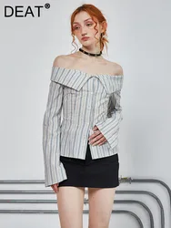 DEAT Fashion Women's Off Shoulder Shirt Blue White Stripes Single Breasted Long Sleeve Blouse Spring 2024 New Tide 7AB2919