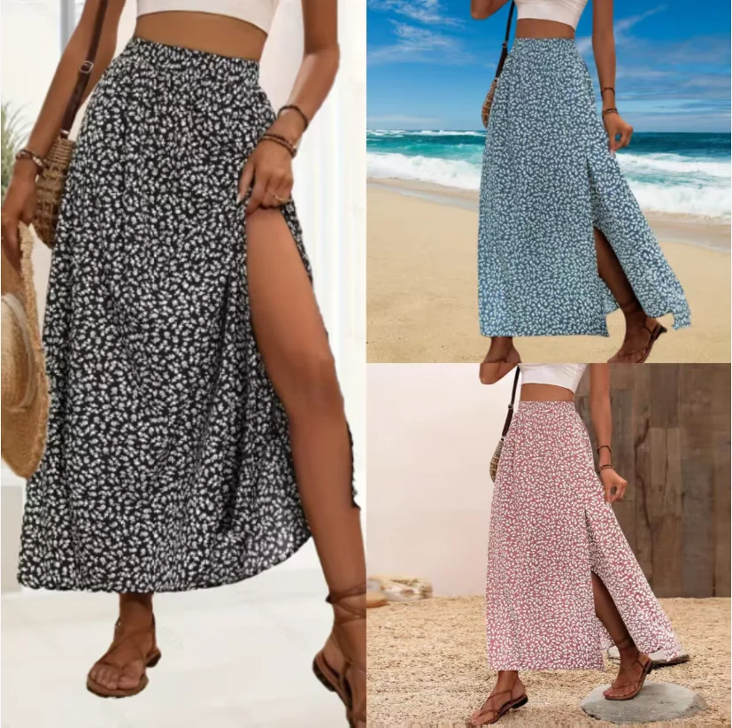 

Spring and summer women's fashionable and sexy floral split high waisted elastic printed skirt