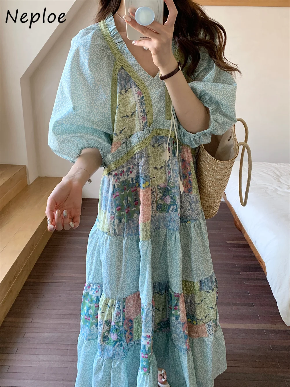 

Neploe Elegant Fresh Gentle Vintage V Neck Dress Summer Loose Bohemian Big Swing Robe Panelled Print Ball Gown Luxury Vestidos