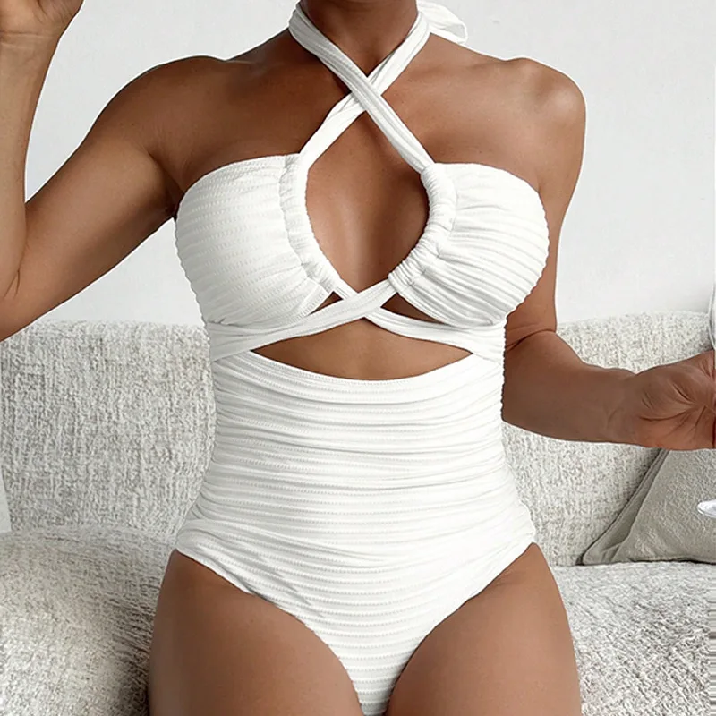 

Новый стильный однотонный консервативный цельный пляжный купальник без бретелек Huludao