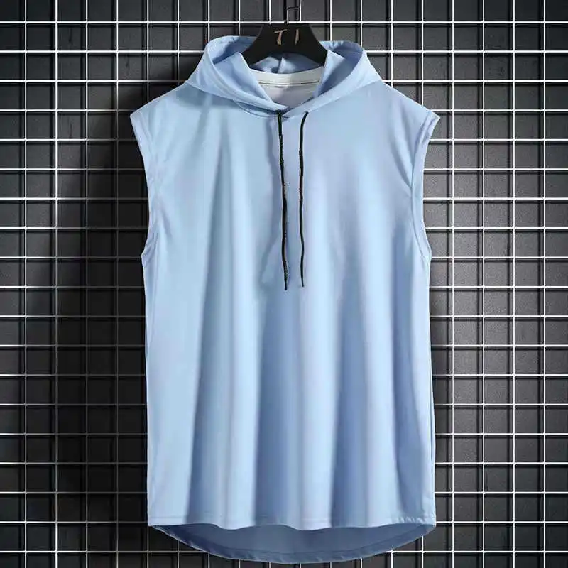 Sleeveless Running Vest Men Shirt with Hat Solid Color Cool Sleeveless Shirt Hooded Sweat Shirt Outdoor Gym Cycling Sports Wear