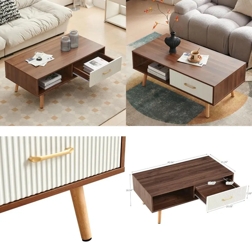 

Modern Storage Drawer Coffee Table - 41x21 Rectangle, Solid Wood Legs, Steel Frame, Natural Oak, Snow White, Walnut Finishes